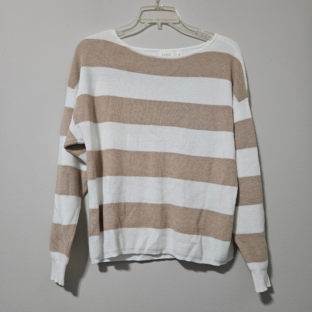 Cyrus Womens Striped Boat Neck Sweater Tan White Waffle Knit Long Sleeve Size S